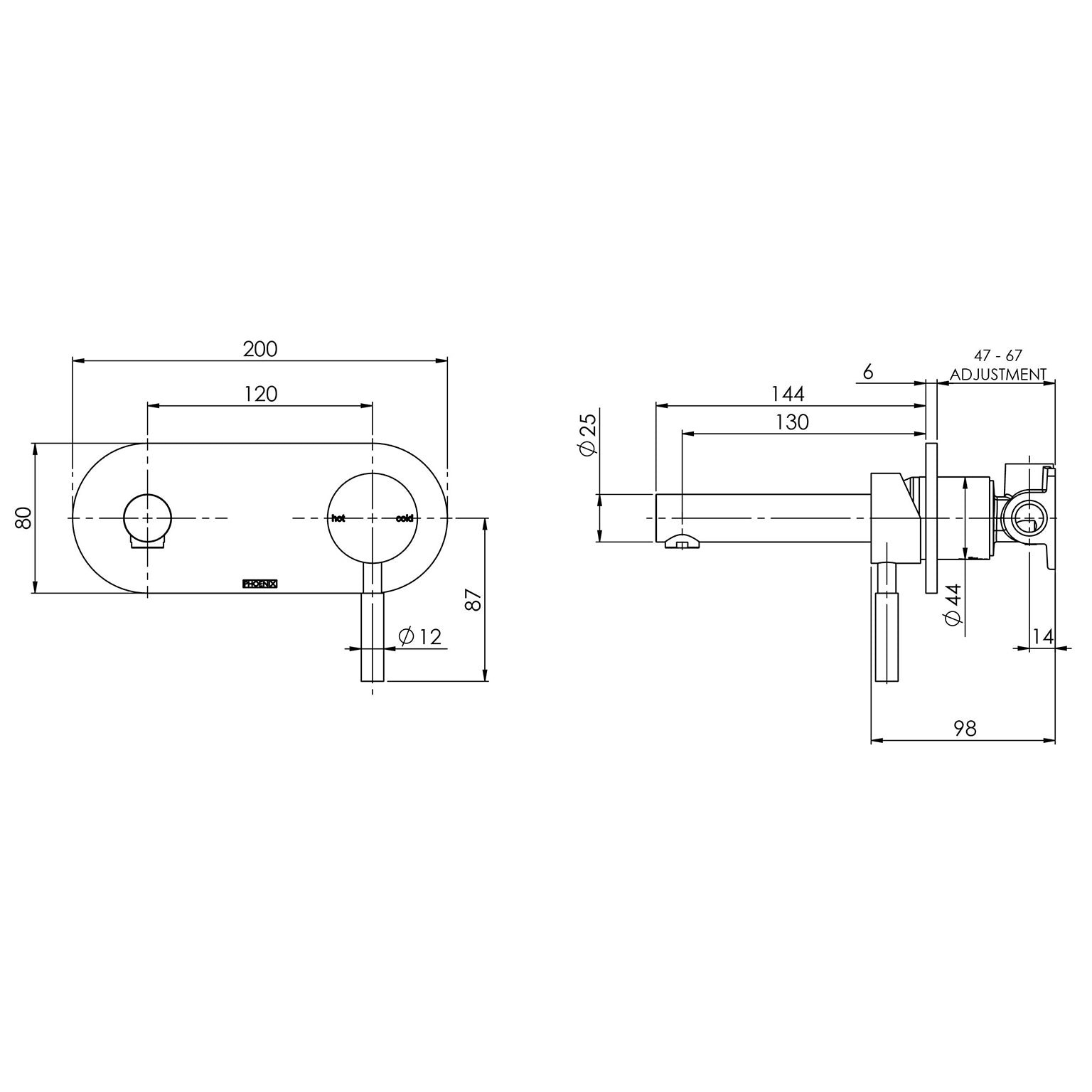 PHOENIX VIVID WALL BATH MIXER SET 150MM CHROME