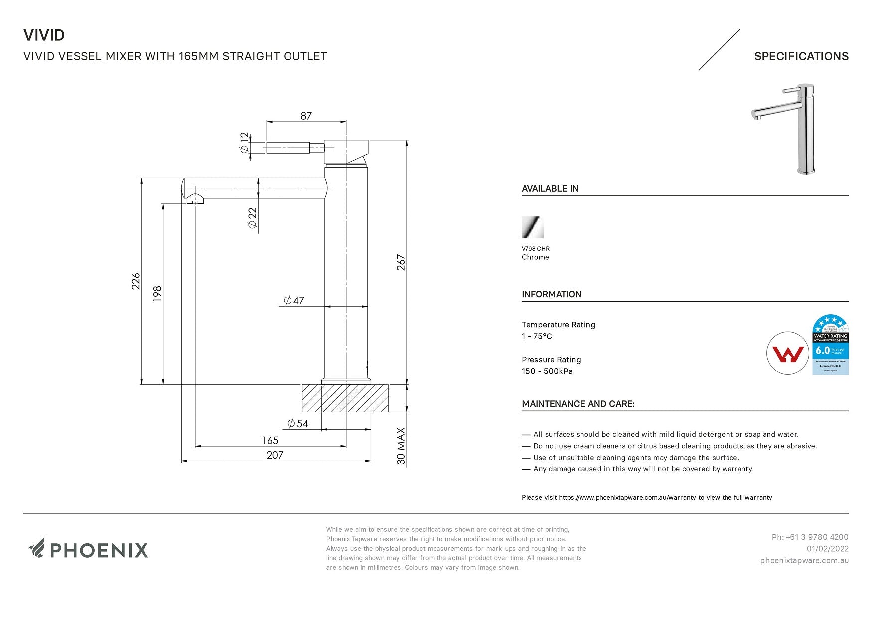 PHOENIX VIVID VESSEL MIXER WITH STRAIGHT OUTLET 267MM CHROME