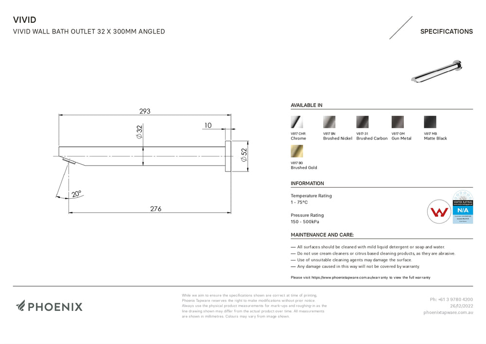 PHOENIX VIVID WALL BATH OUTLET ANGLED 32MM X 300MM MATTE BLACK