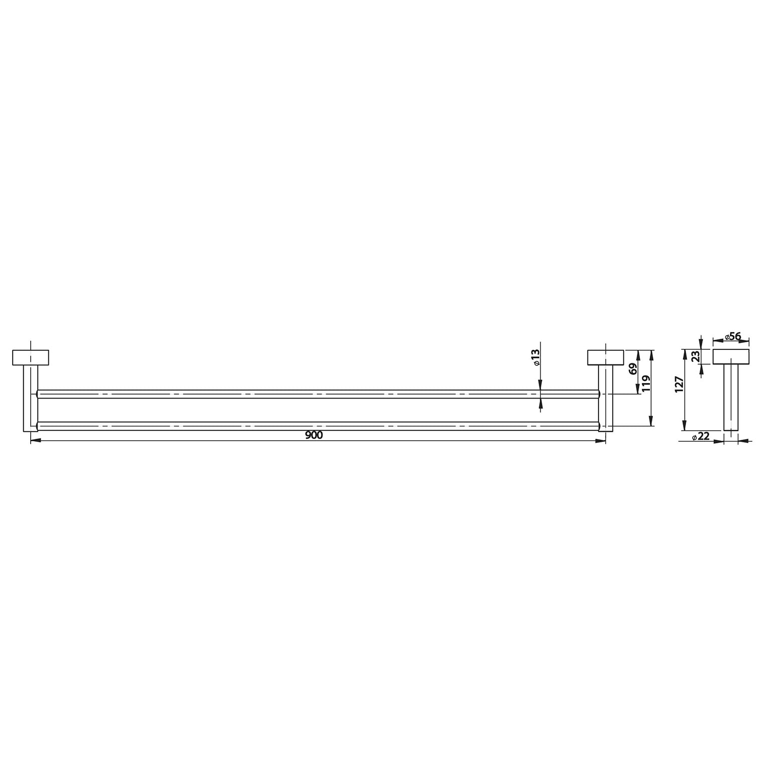 PHOENIX VIVID DOUBLE NON-HEATED TOWEL RAIL CHROME 760MM AND 900MM