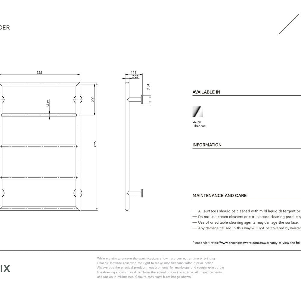 PHOENIX VIVID NON-HEATED TOWEL LADDER CHROME 525MM X 600MM