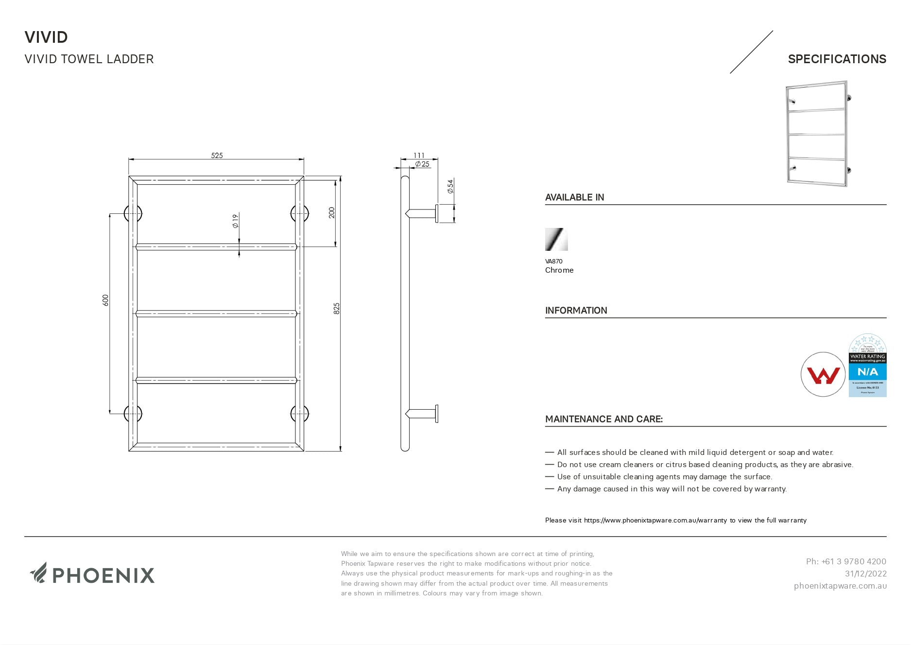 PHOENIX VIVID NON-HEATED TOWEL LADDER CHROME 525MM X 600MM