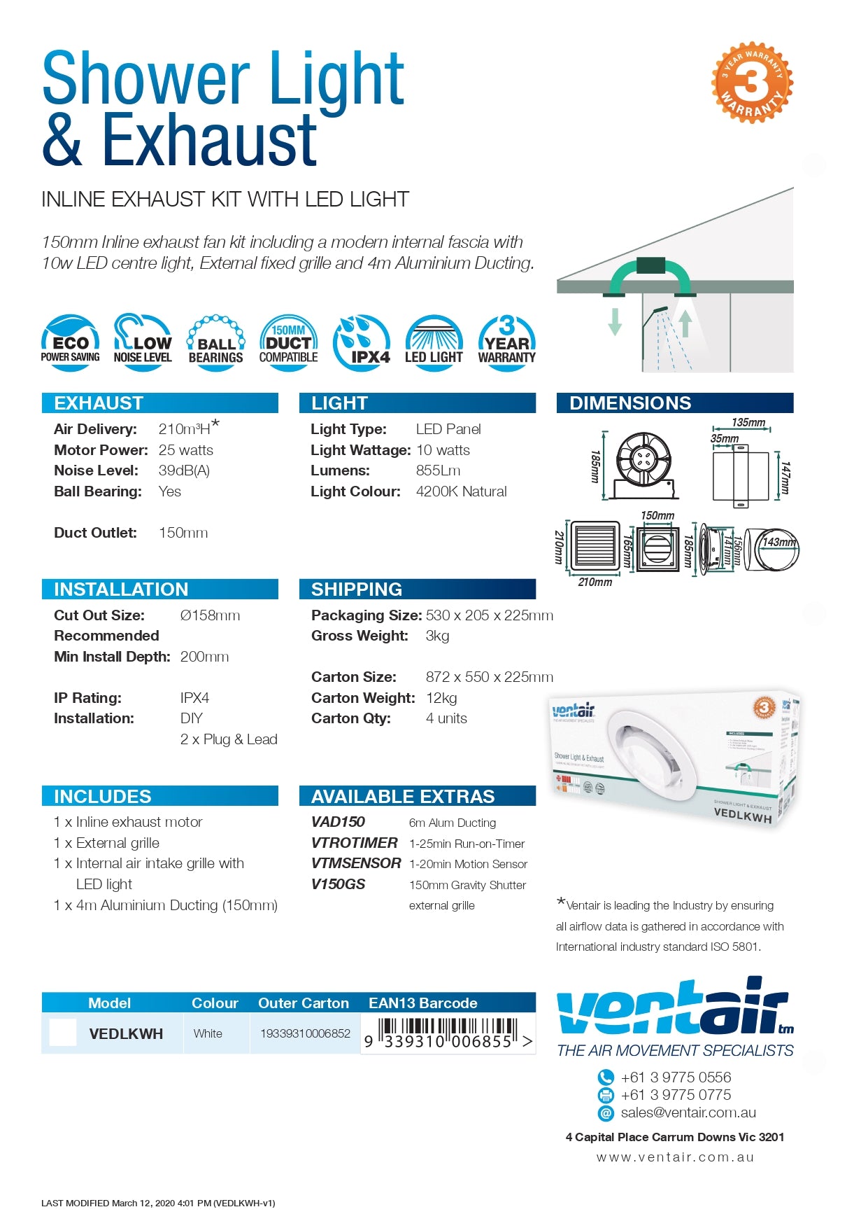 VENTAIR SHOWER LIGHT & EXHAUST KIT WHITE