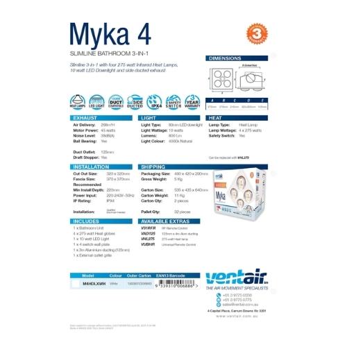 VENTAIR MYKA 4 SLIMLINE 3 IN1 WITH 4 HEAT LAMPS, LED DOWNLIGHT AND SIDE DUCTED EXHAUST WHITE