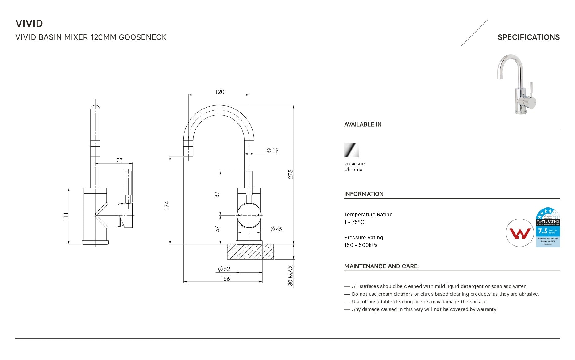 PHOENIX VIVID BASIN MIXER 120MM GOOSENECK CHROME