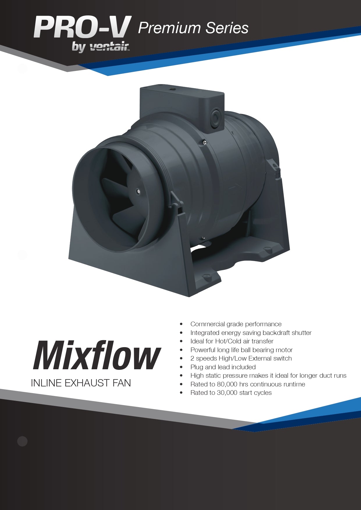 VENTAIR MIXFLOW PREMIUM HIGH POWERED INLINE EXHAUST FAN BLACK (AVAILABLE IN 100MM, 150MM AND 200MM)