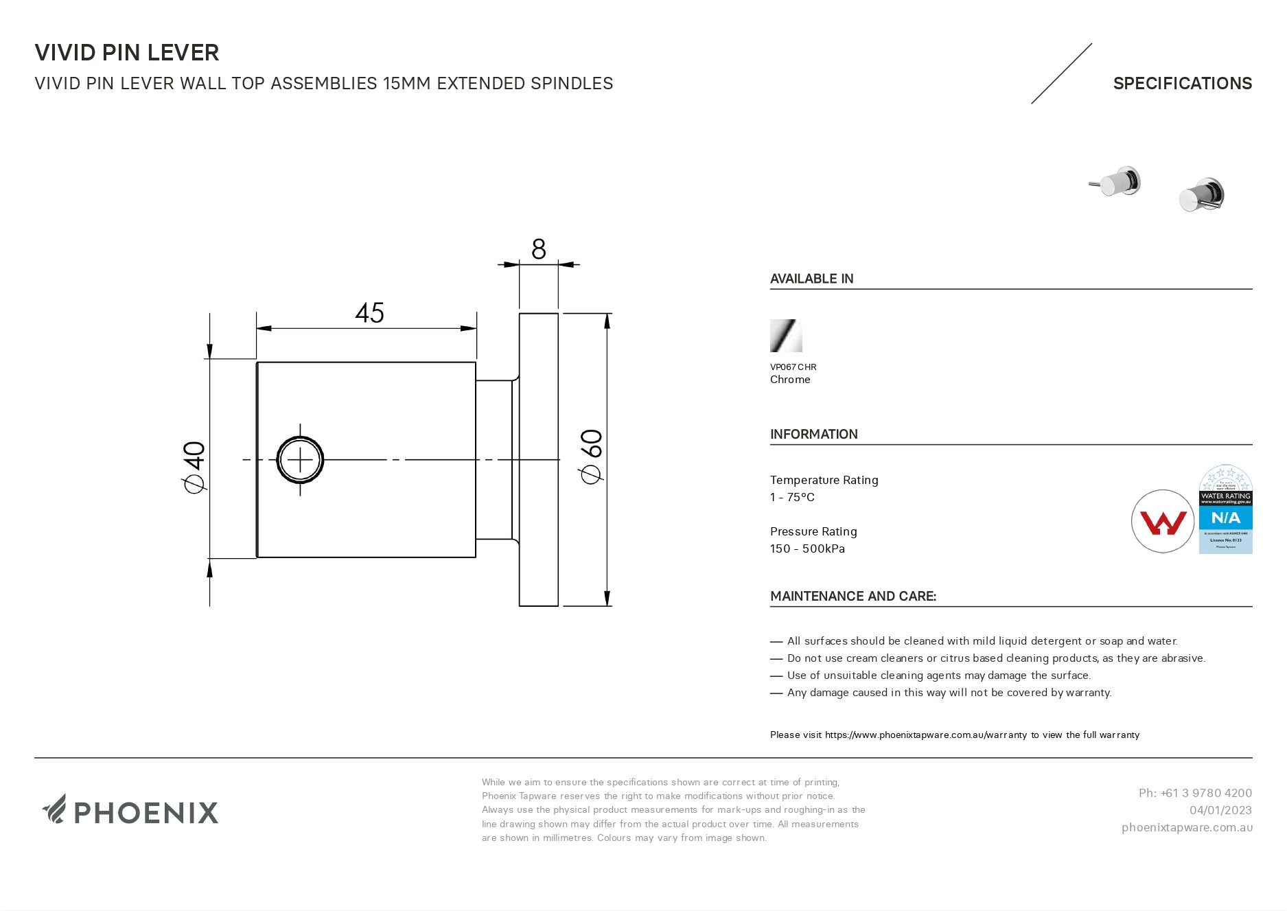PHOENIX VIVID LEAD FREE PIN LEVER WALL TOP ASSEMBLIES EXTENDED SPINDLES CHROME