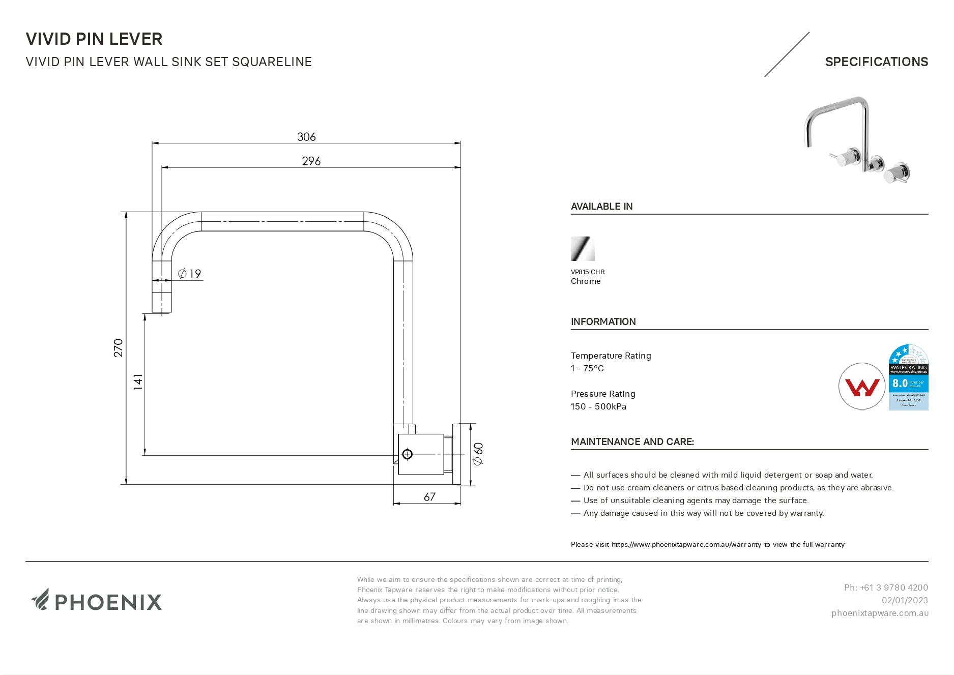 PHOENIX VIVID LEAD FREE PIN LEVER WALL SINK SET SQUARELINE 270MM CHROME