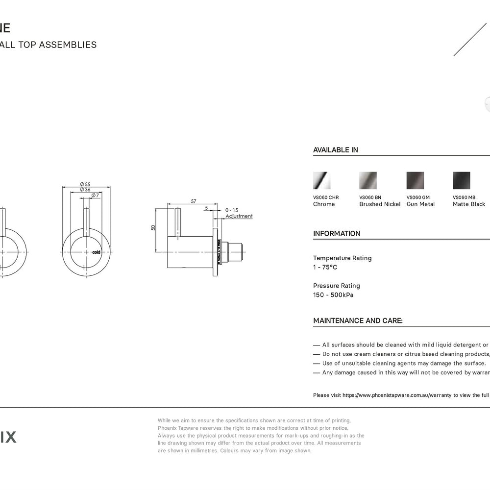 PHOENIX VIVID SLIMLINE LEAD FREE WALL TOP ASSEMBLIES BRUSHED GOLD