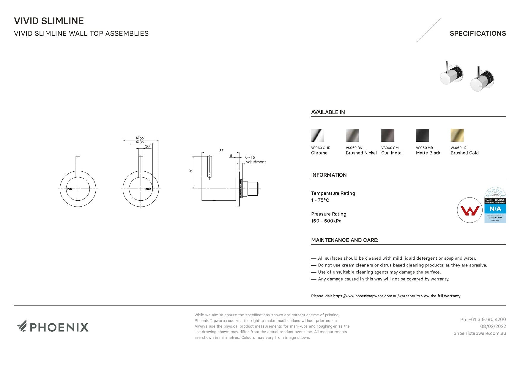 PHOENIX VIVID SLIMLINE LEAD FREE WALL TOP ASSEMBLIES CHROME