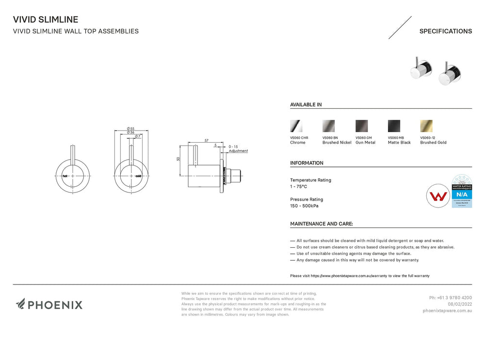 PHOENIX VIVID SLIMLINE WALL TOP ASSEMBLIES BRUSHED NICKEL