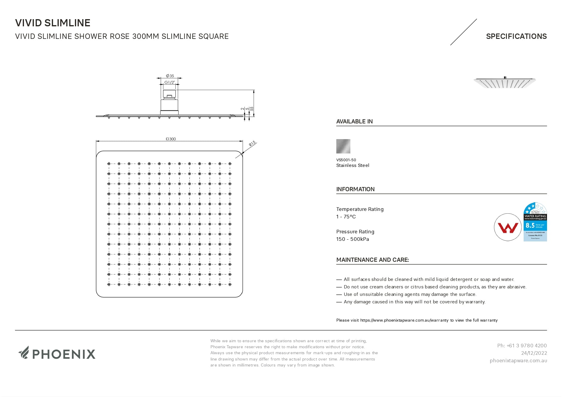 PHOENIX VIVID SLIMLINE SHOWER ROSE SLIMLINE SQUARE 300MM CHROME