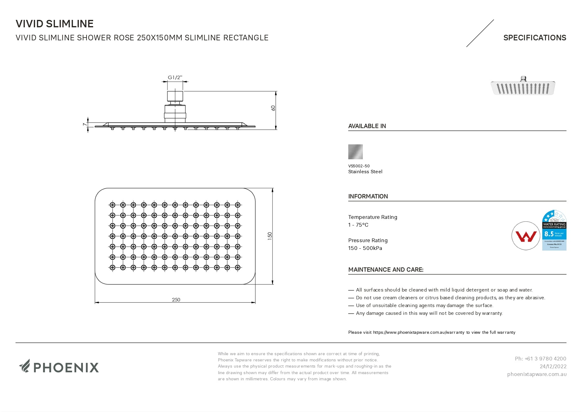 PHOENIX VIVID SLIMLINE SHOWER ROSE SLIMLINE RECTANGLE CHROME 250MM X 150MM