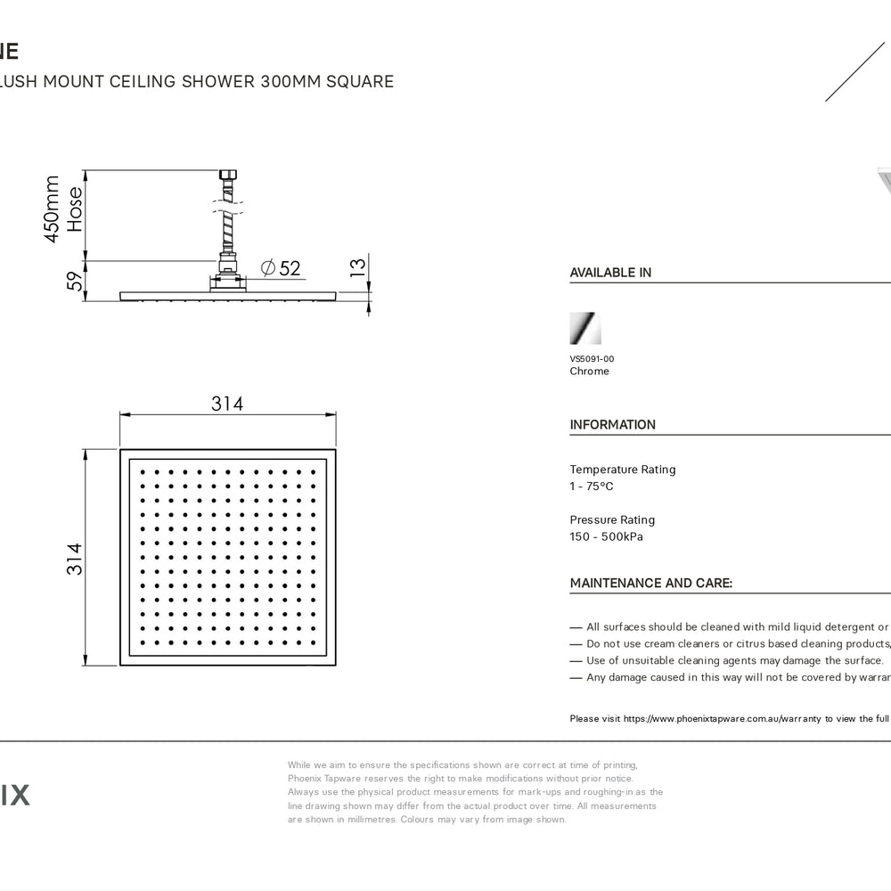 PHOENIX VIVID SLIMLINE FLUSH MOUNT CEILING SHOWER SQUARE 300MM CHROME