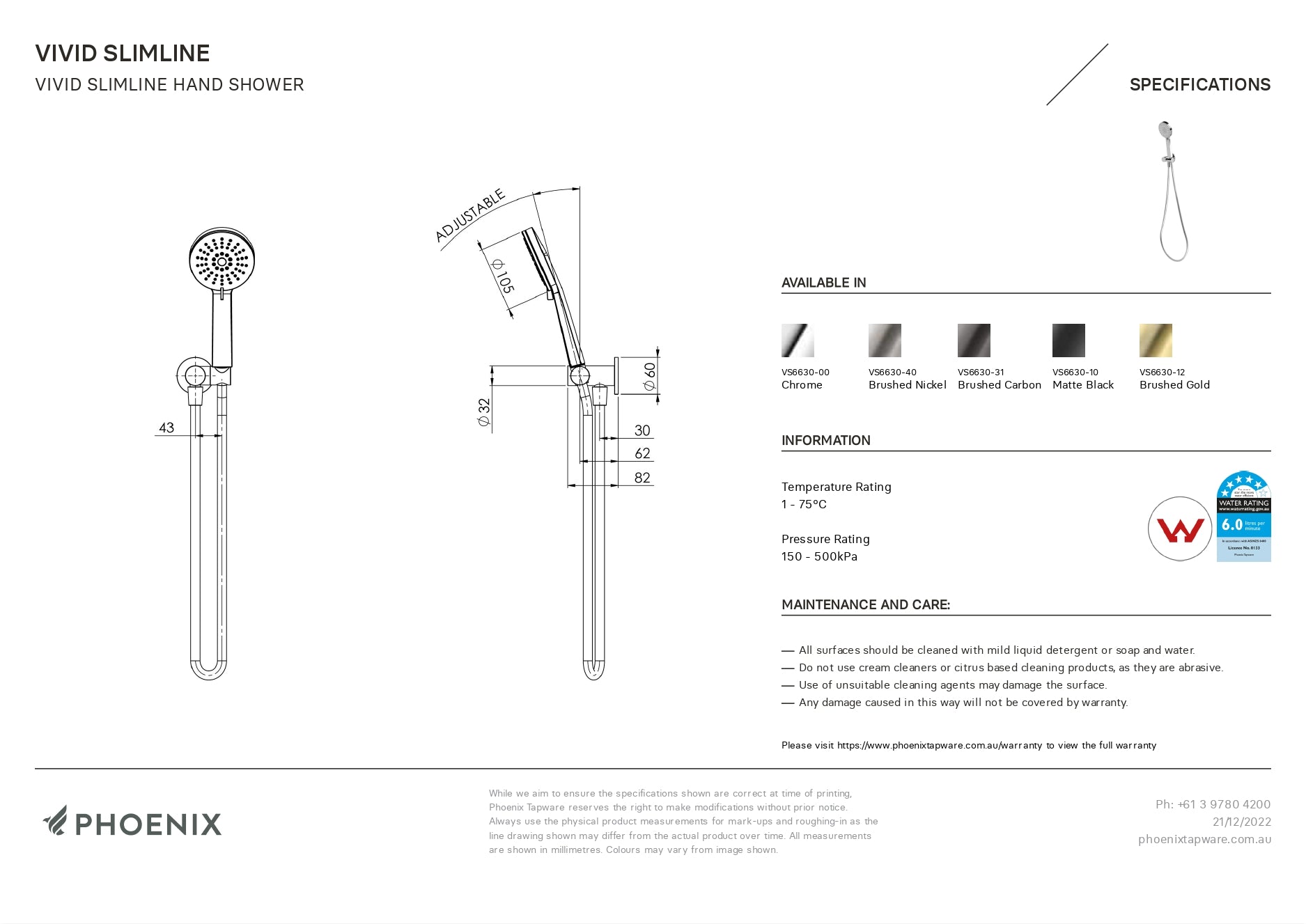 PHOENIX VIVID SLIMLINE HAND SHOWER MATTE BLACK