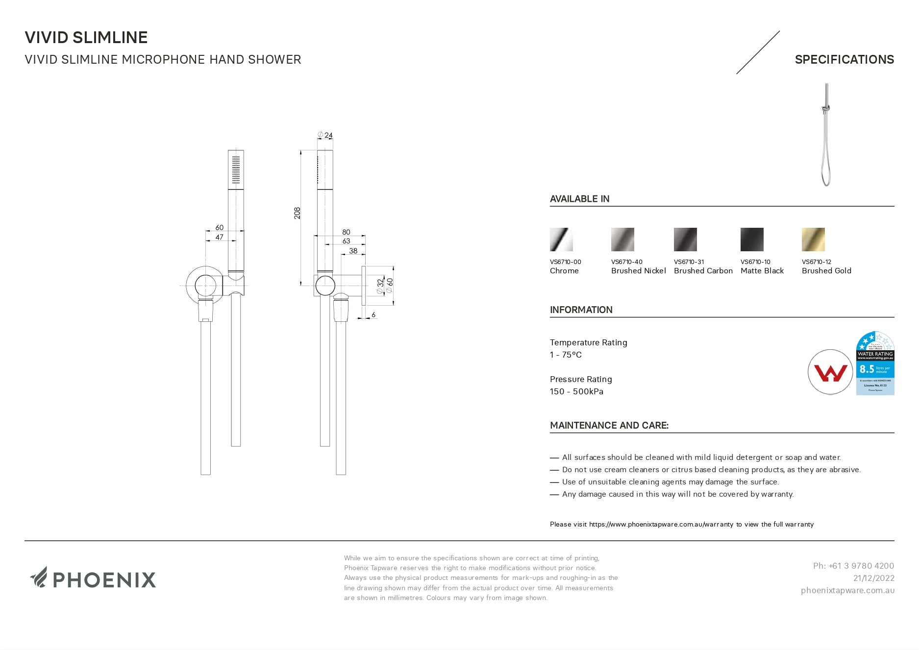 PHOENIX VIVID SLIMLINE MICROPHONE HAND SHOWER BRUSHED CARBON