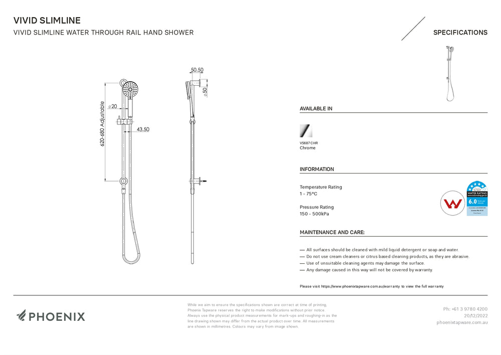 PHOENIX VIVID SLIMLINE WATER THROUGH RAIL SHOWER CHROME