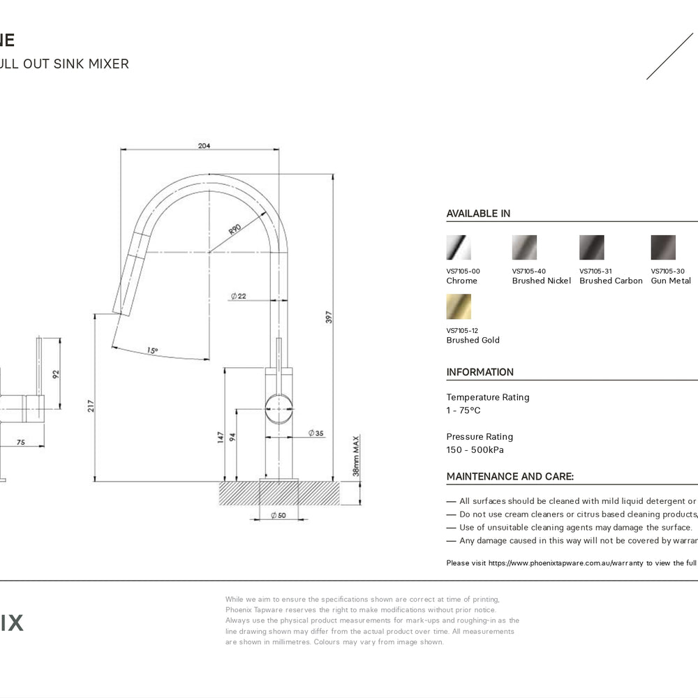PHOENIX VIVID SLIMLINE LEAD FREE PULL OUT SINK MIXER 397MM BRUSHED GOLD