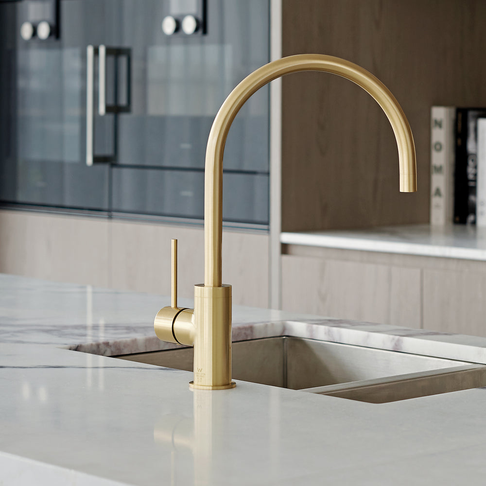 PHOENIX VIVID SLIMLINE LEAD FREE GOOSENECK SINK MIXER 220MM BRUSHED GOLD