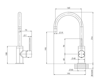 PHOENIX VIVID SLIMLINE LEAD FREE GOOSENECK SINK MIXER 160MM BRUSHED GOLD
