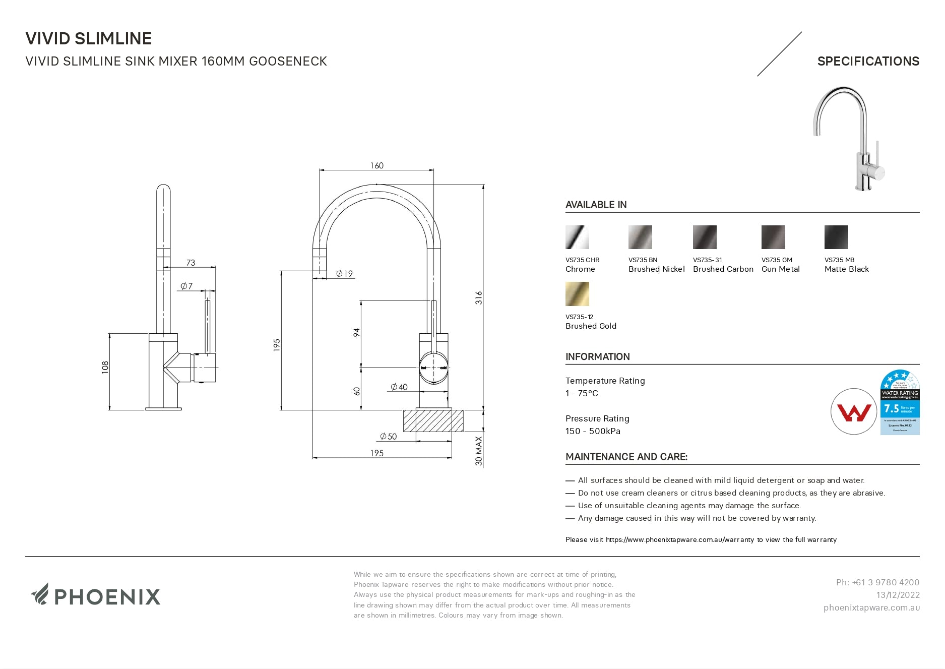 PHOENIX VIVID SLIMLINE LEAD FREE GOOSENECK SINK MIXER 160MM BRUSHED GOLD