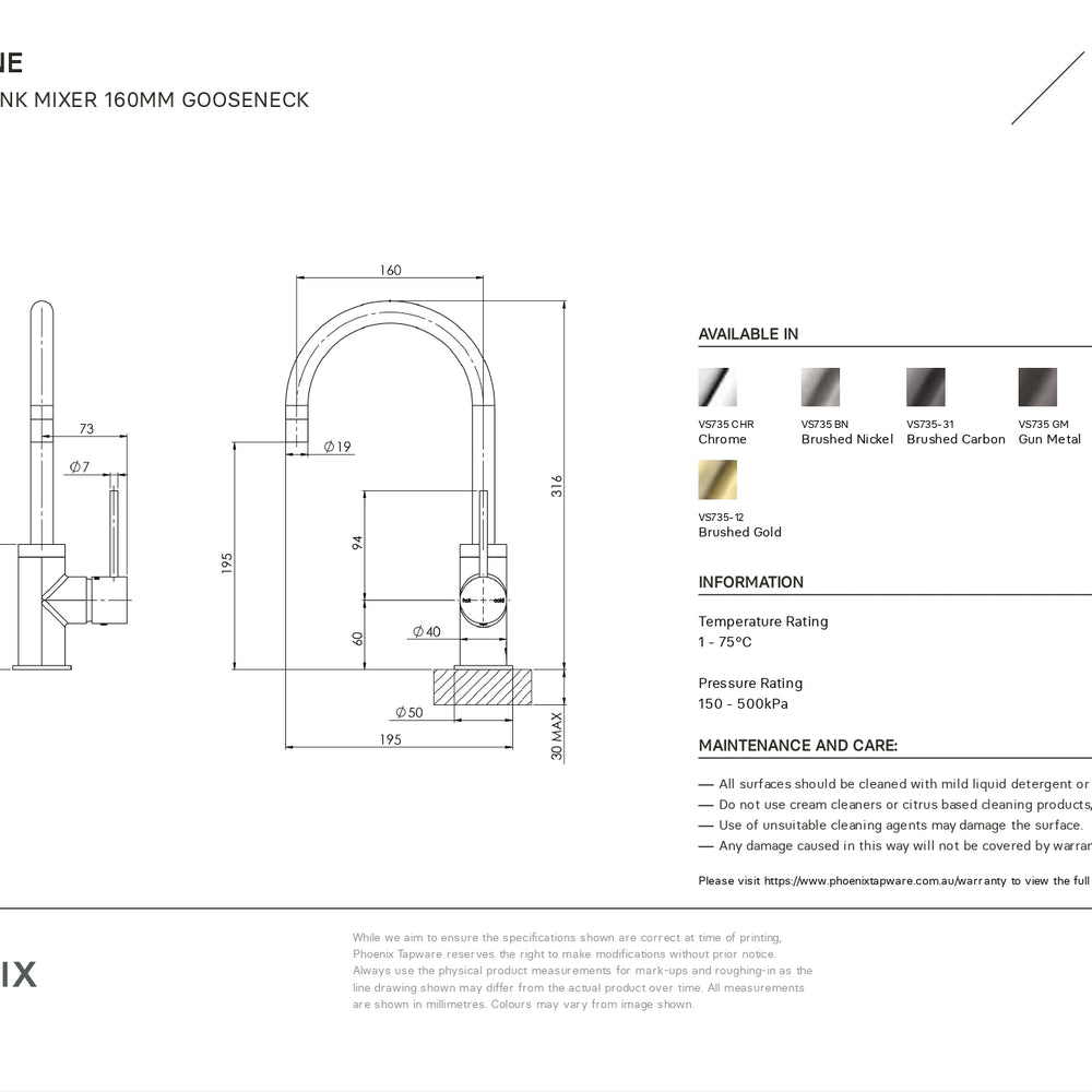 PHOENIX VIVID SLIMLINE GOOSENECK LEAD FREE SINK MIXER 160MM CHROME