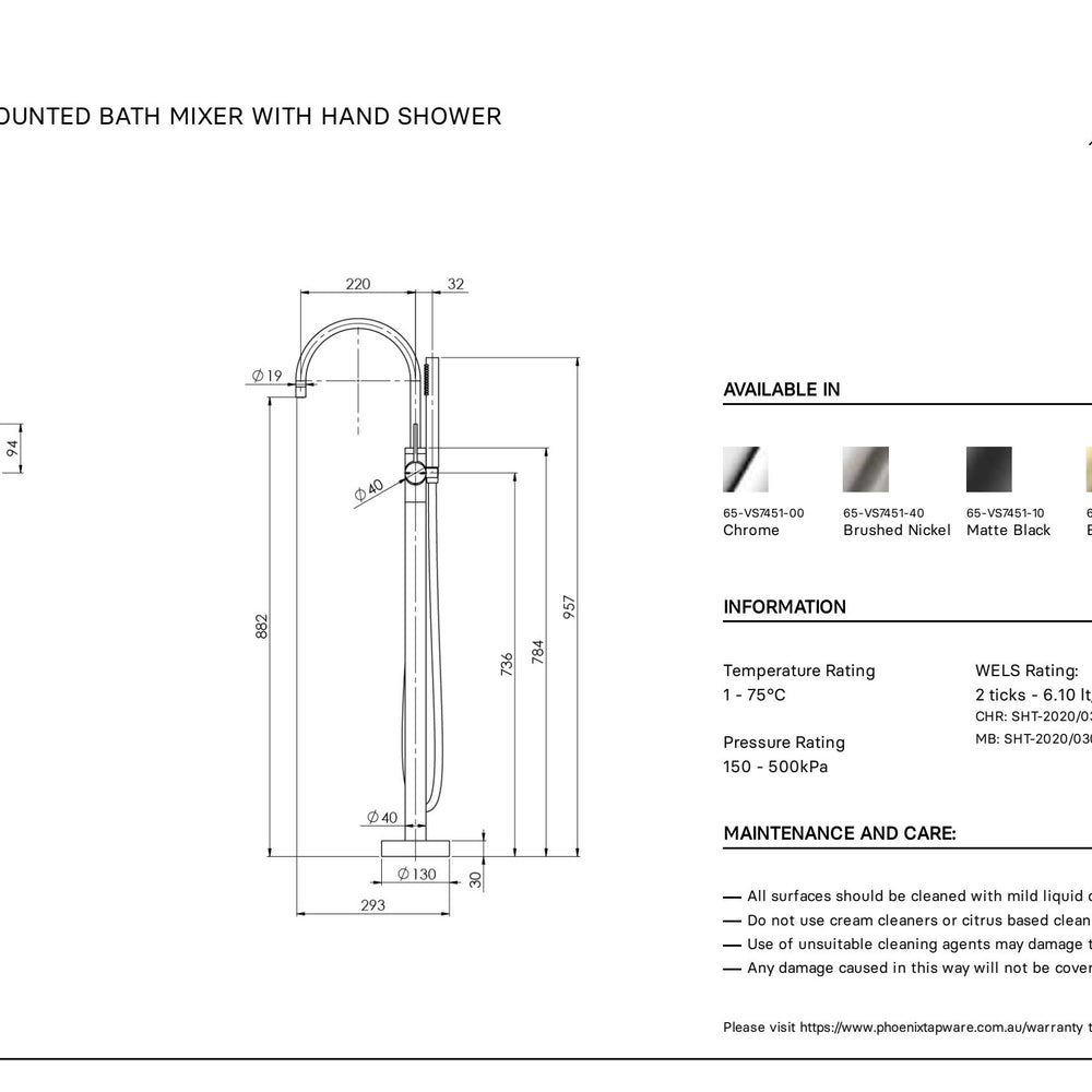 PHOENIX VIVID SLIMLINE FLOOR MOUNTED BATH MIXER WITH HAND SHOWER CHROME