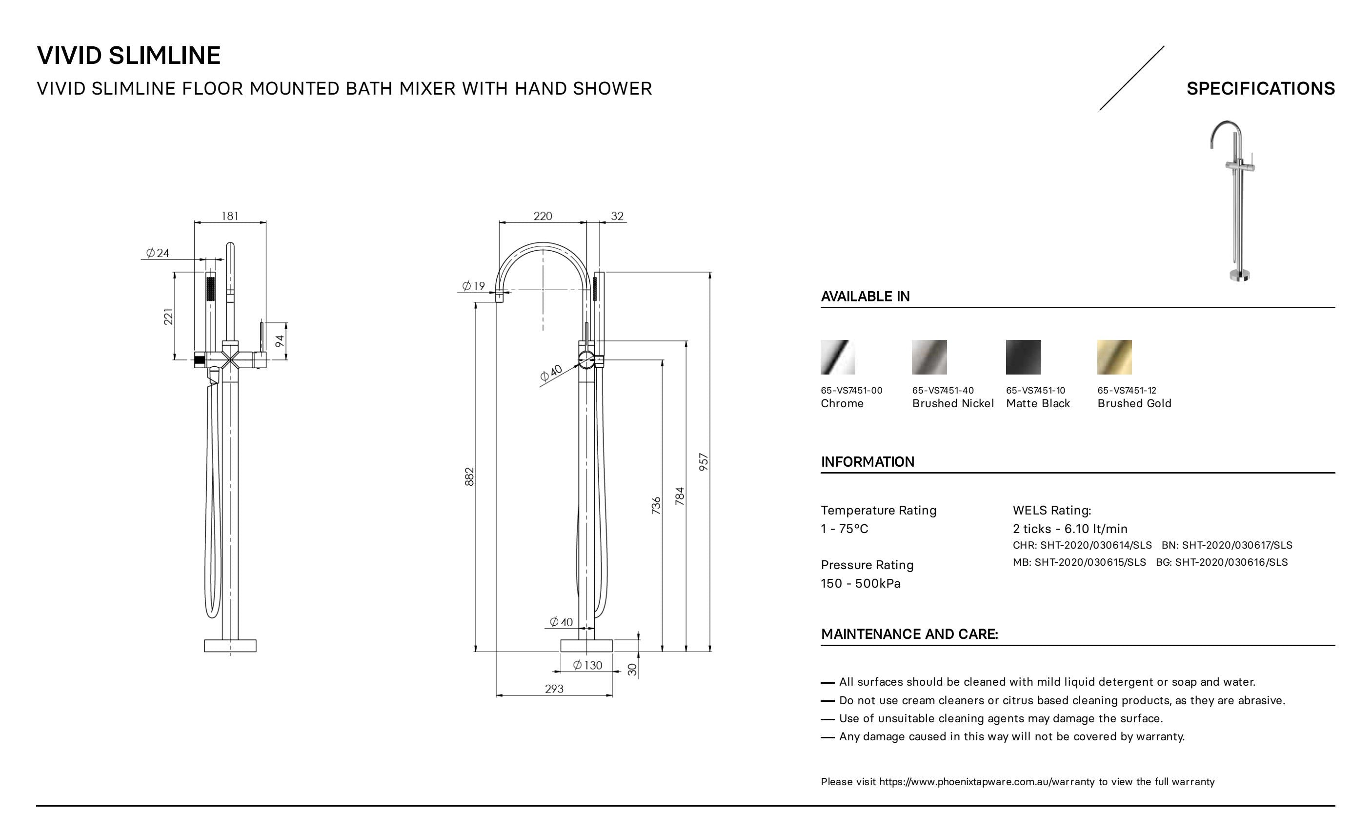 PHOENIX VIVID SLIMLINE FLOOR MOUNTED BATH MIXER WITH HAND SHOWER 957MM MATTE BLACK