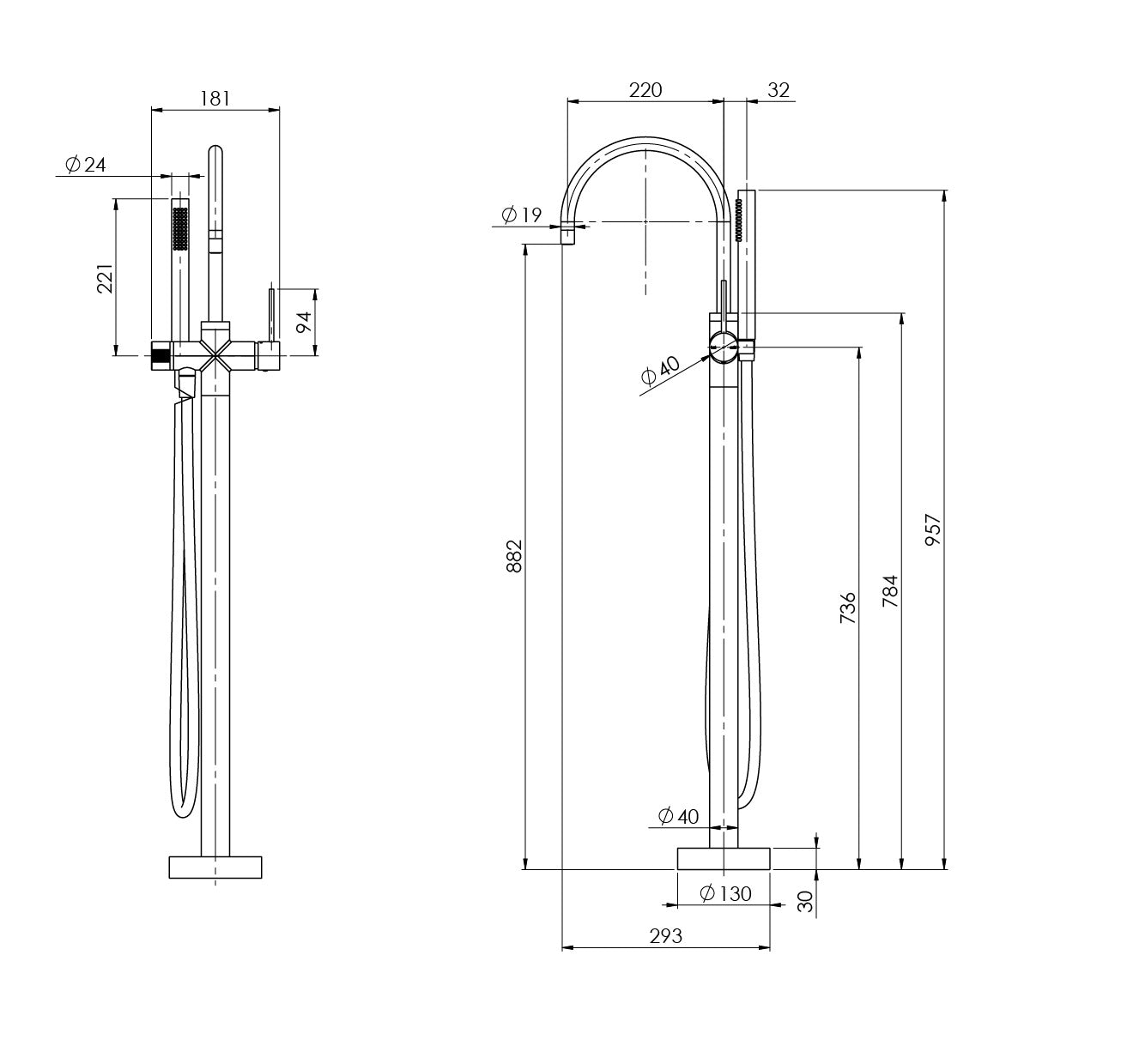 PHOENIX VIVID SLIMLINE FLOOR MOUNTED BATH MIXER WITH HAND SHOWER 957MM GUN METAL