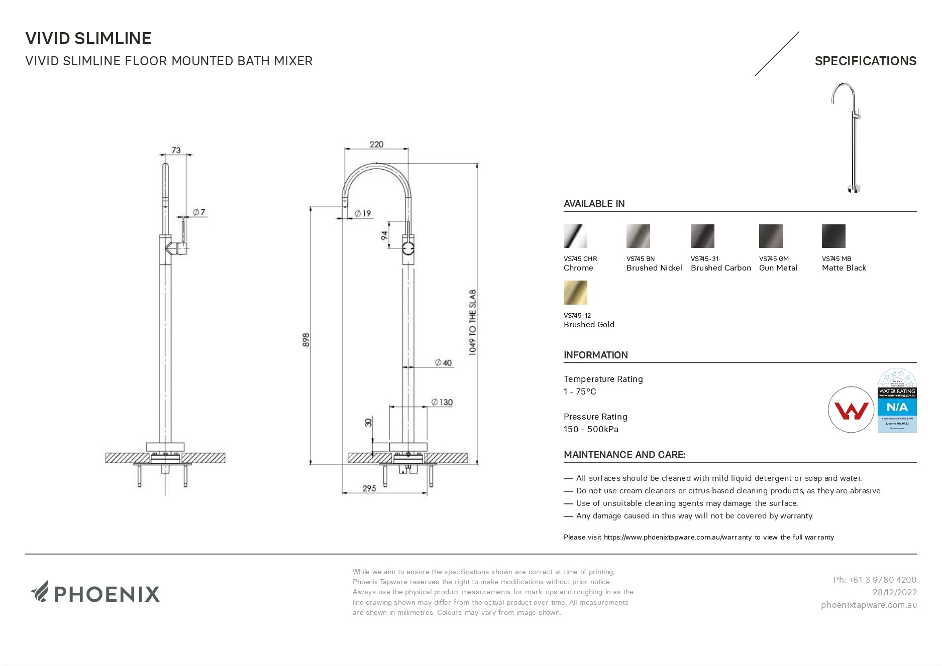 PHOENIX VIVID SLIMLINE FLOOR MOUNTED BATH MIXER BRUSHED GOLD