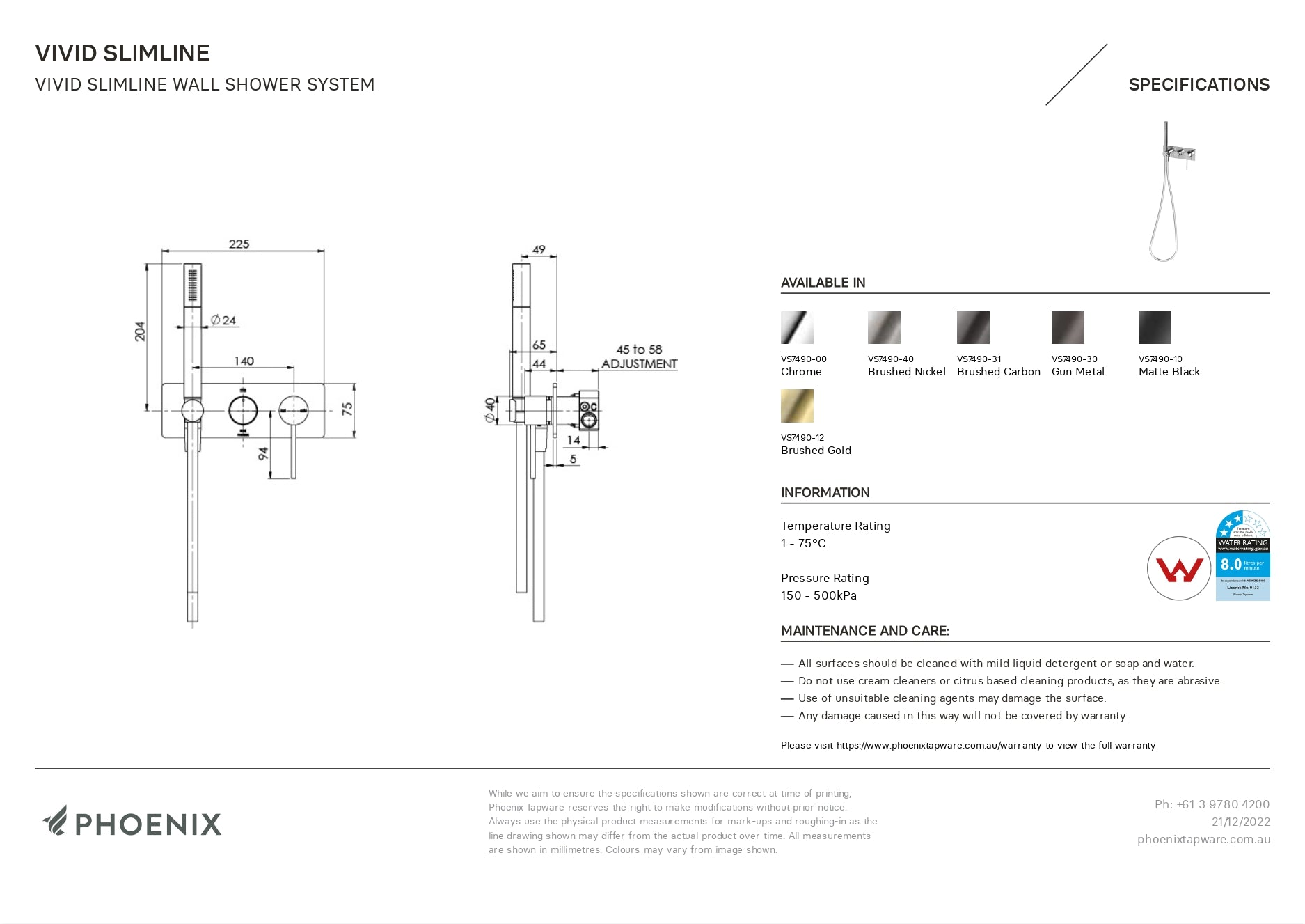PHOENIX VIVID SLIMLINE WALL SHOWER SYSTEM BRUSHED GOLD