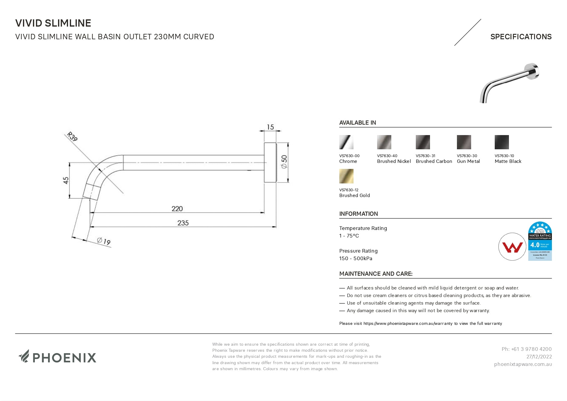 PHOENIX VIVID SLIMLINE LEAD FREE WALL BASIN OUTLET 230MM BRUSHED GOLD