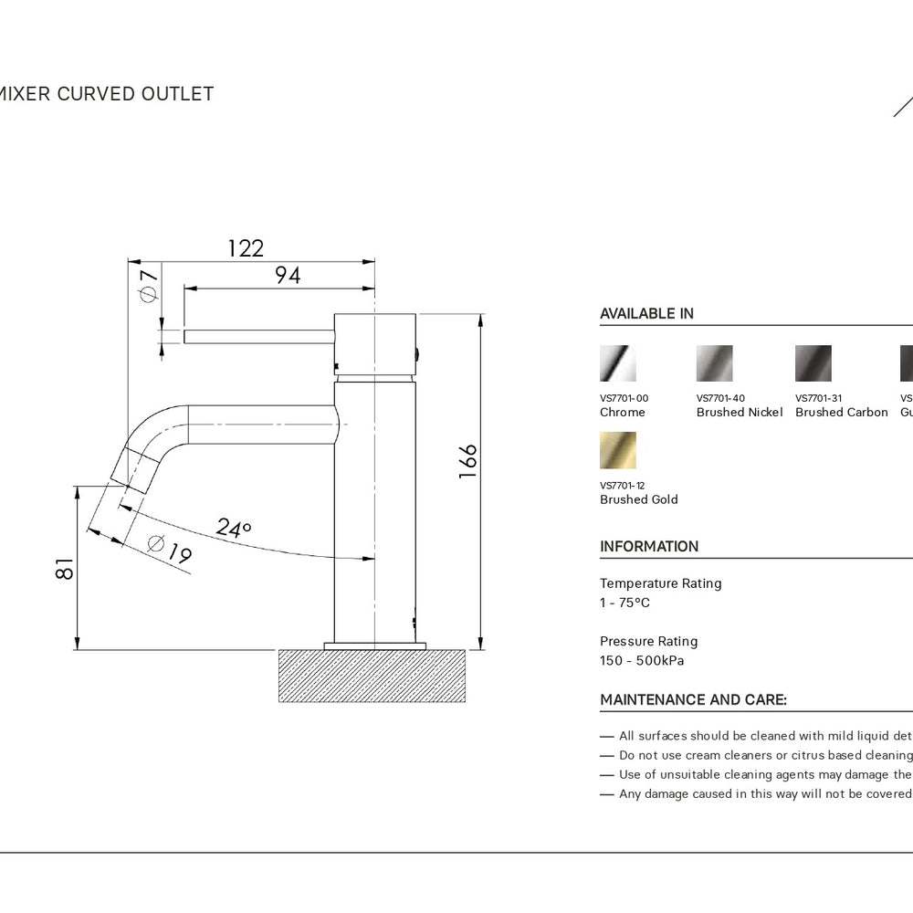 PHOENIX VIVID SLIMLINE BASIN MIXER OUTLET 166MM MATTE BLACK