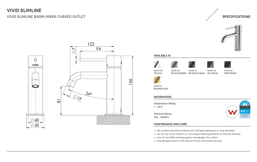 PHOENIX VIVID SLIMLINE BASIN MIXER OUTLET 166MM MATTE BLACK