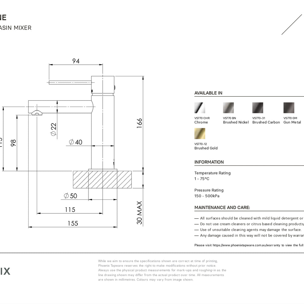 PHOENIX VIVID SLIMLINE LEAD FREE BASIN MIXER 166MM MATTE BLACK