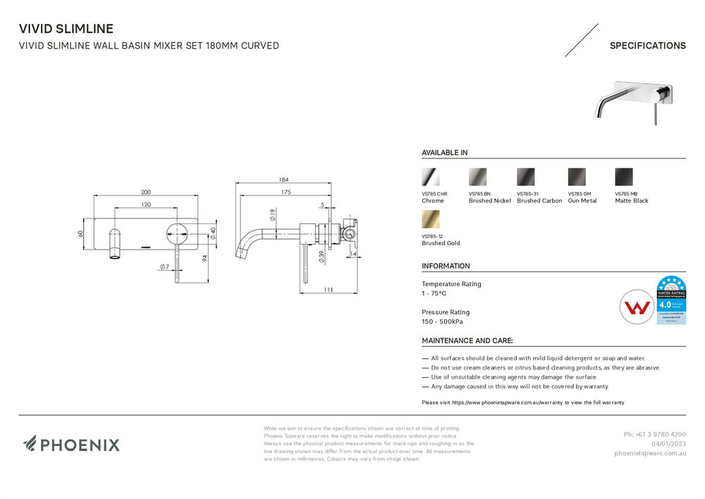 PHOENIX VIVID SLIMLINE CURVED WALL BASIN MIXER SET 200MM CHROME