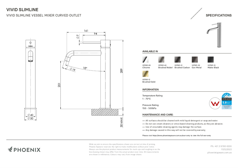 PHOENIX VIVID SLIMLINE VESSEL MIXER CURVED OUTLET 289MM CHROME