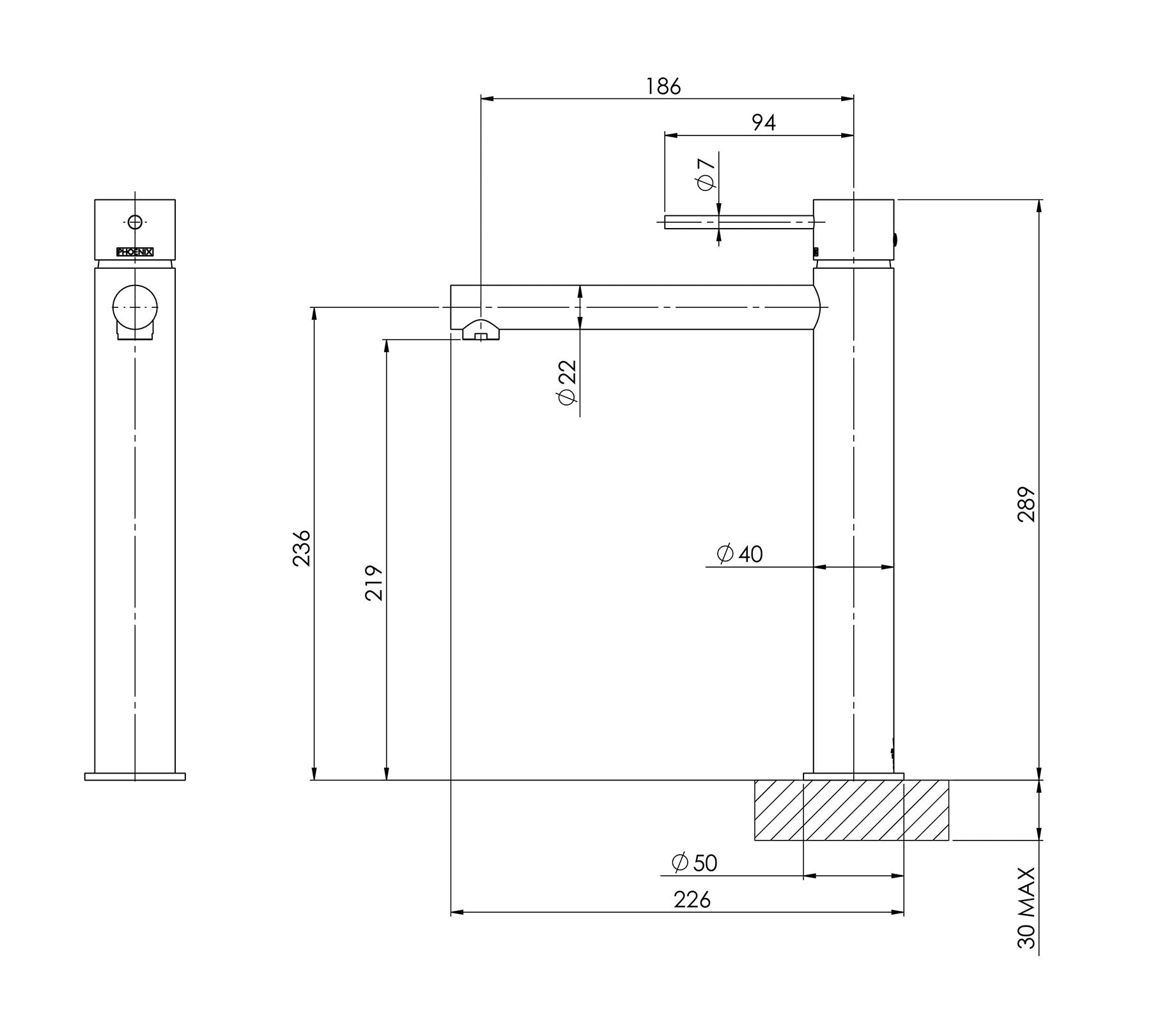 PHOENIX VIVID SLIMLINE LEAD FREE VESSEL MIXER 289MM CHROME