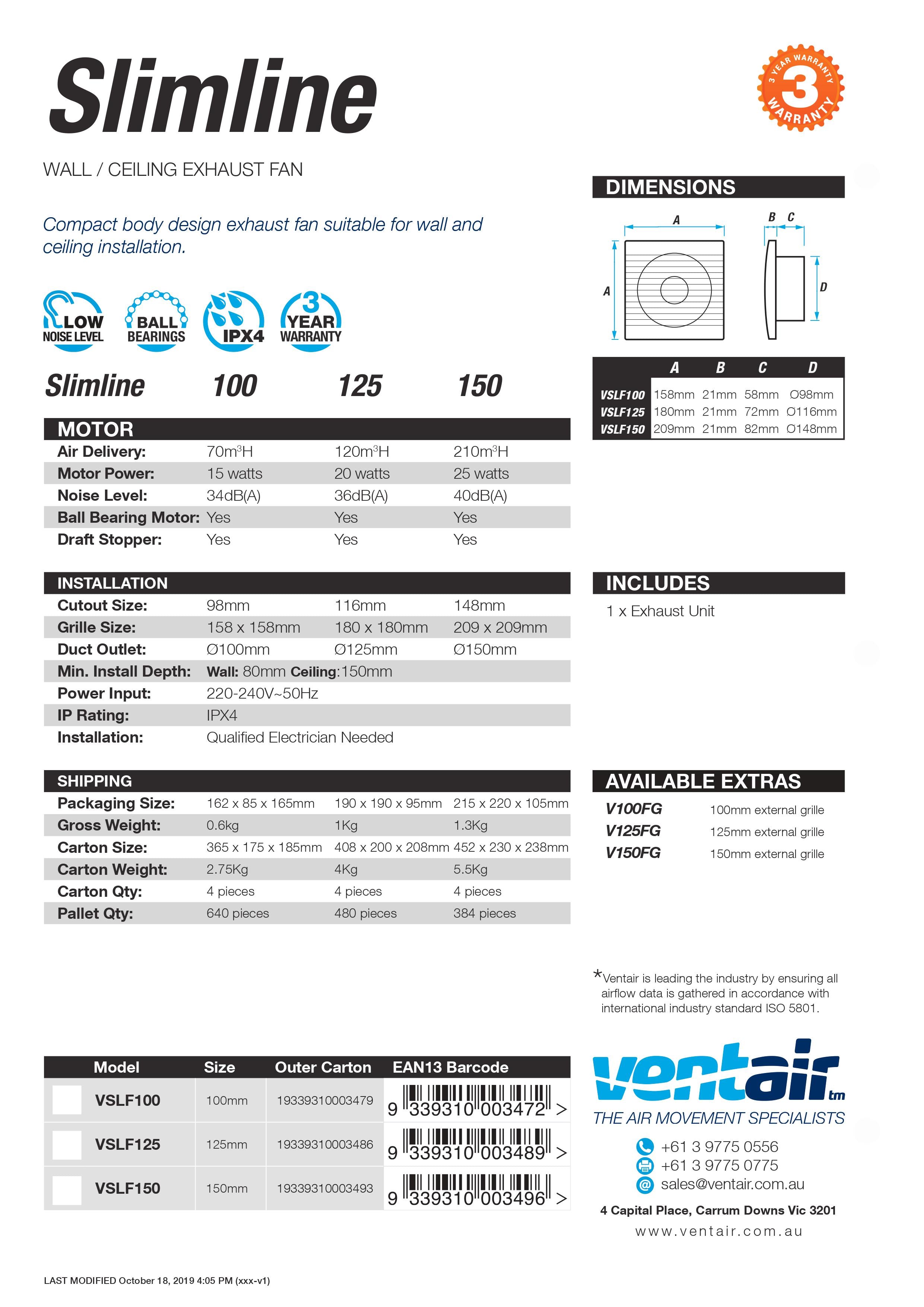 VENTAIR SLIMLINE VERSATILE WALL / CEILING EXHAUST FAN WHITE (AVAILABLE IN 100MM, 125MM AND 150MM)