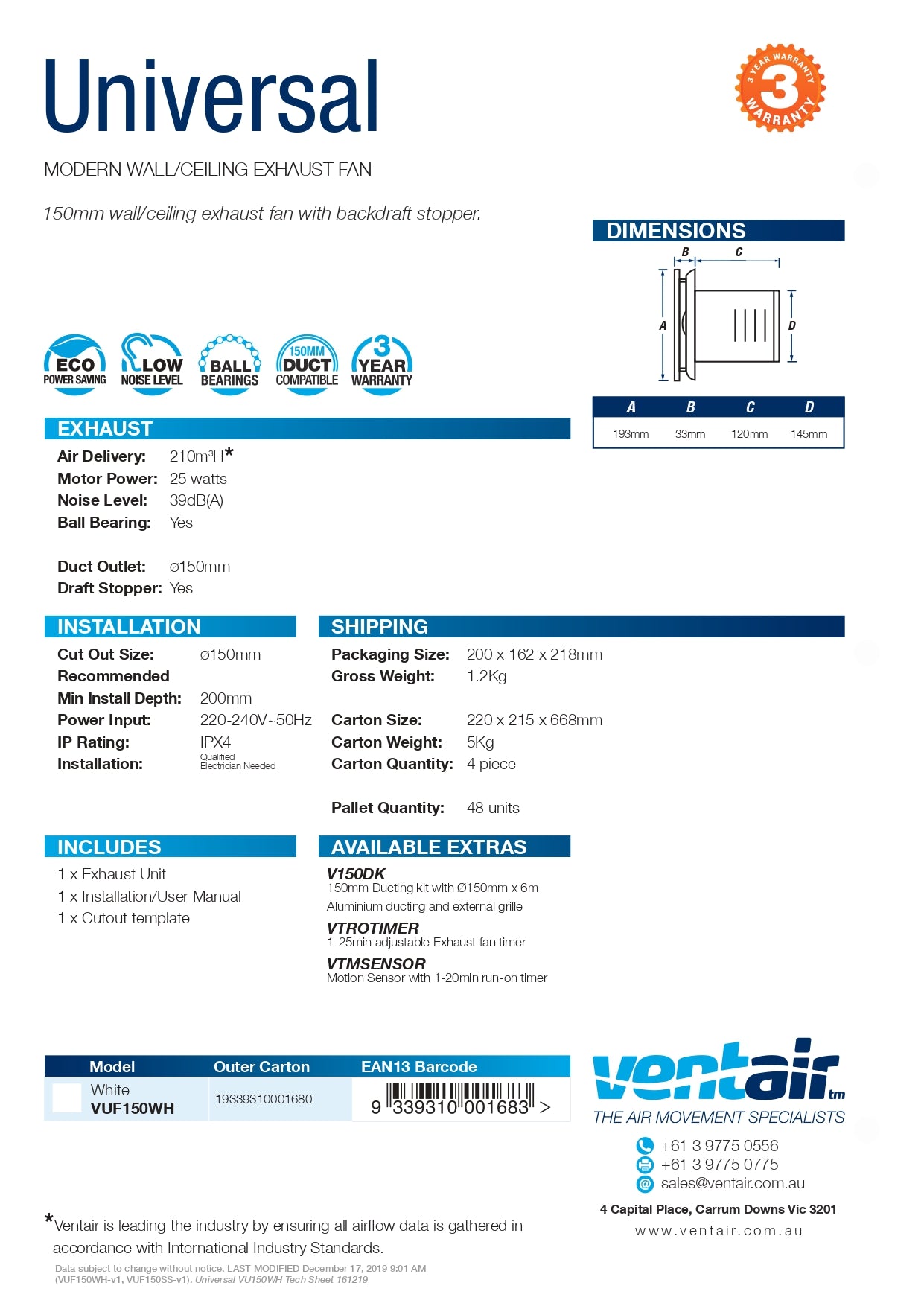 VENTAIR UNIVERSAL 150MM WALL/CEILING EXHAUST FAN WHITE