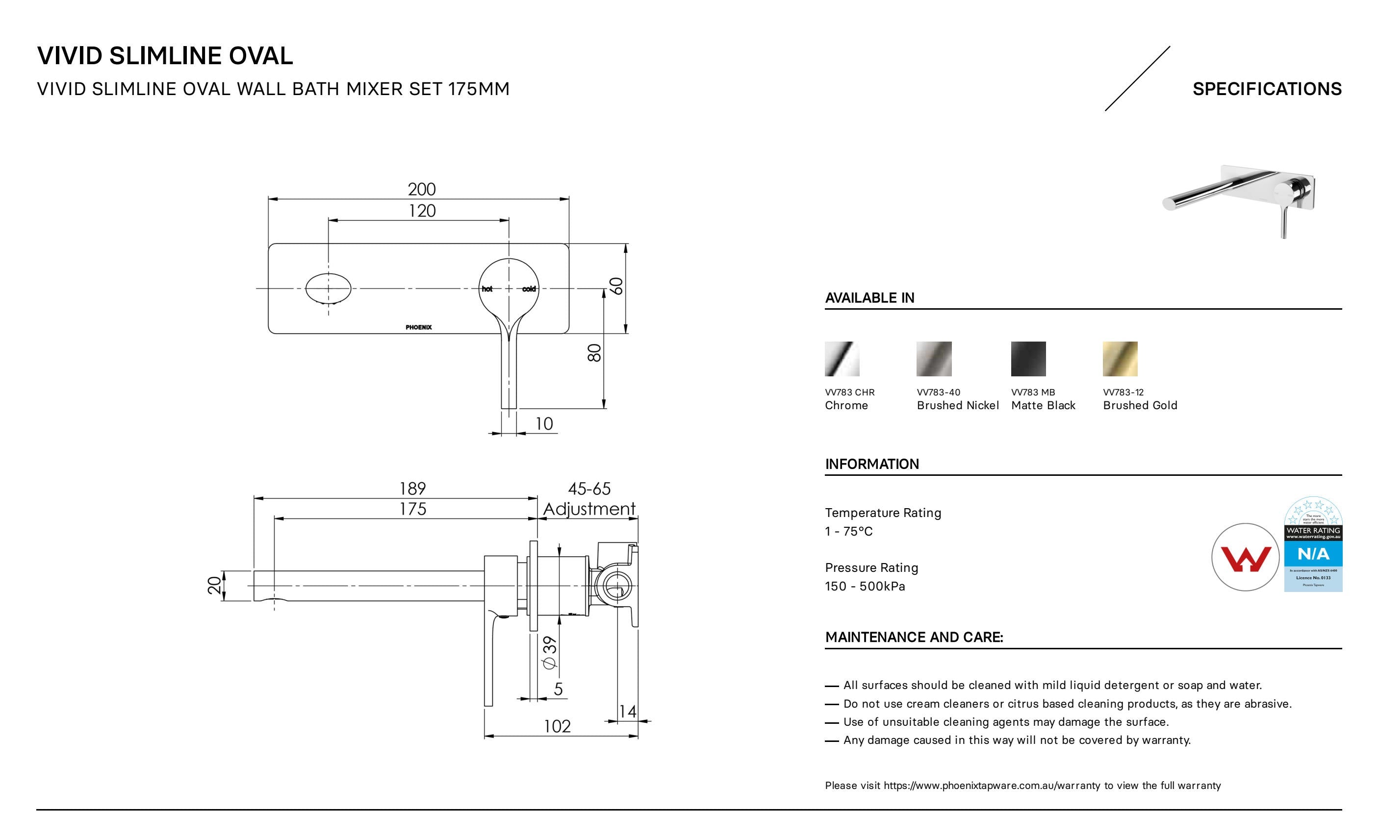 PHOENIX VIVID SLIMLINE OVAL WALL BATH MIXER SET 200MM CHROME
