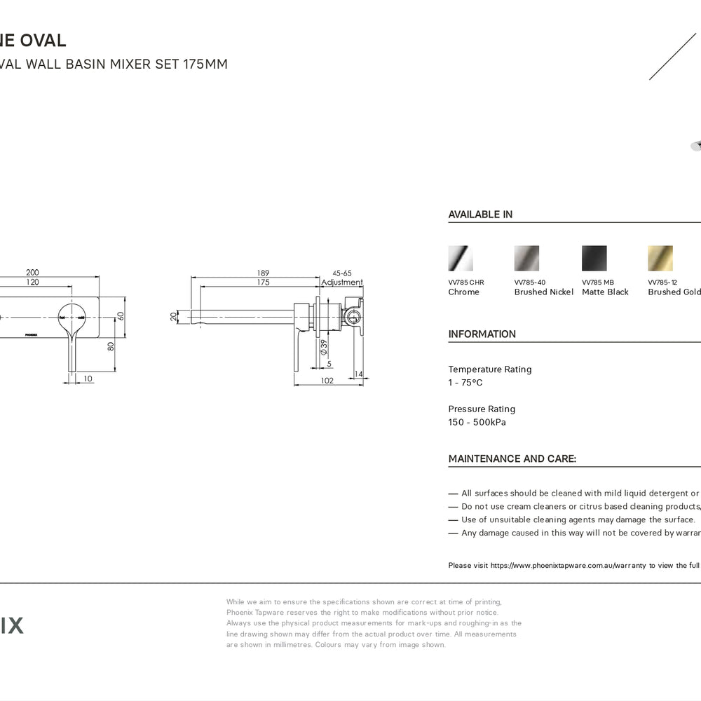 PHOENIX VIVID SLIMLINE OVAL WALL BASIN MIXER SET 175MM BRUSHED NICKEL