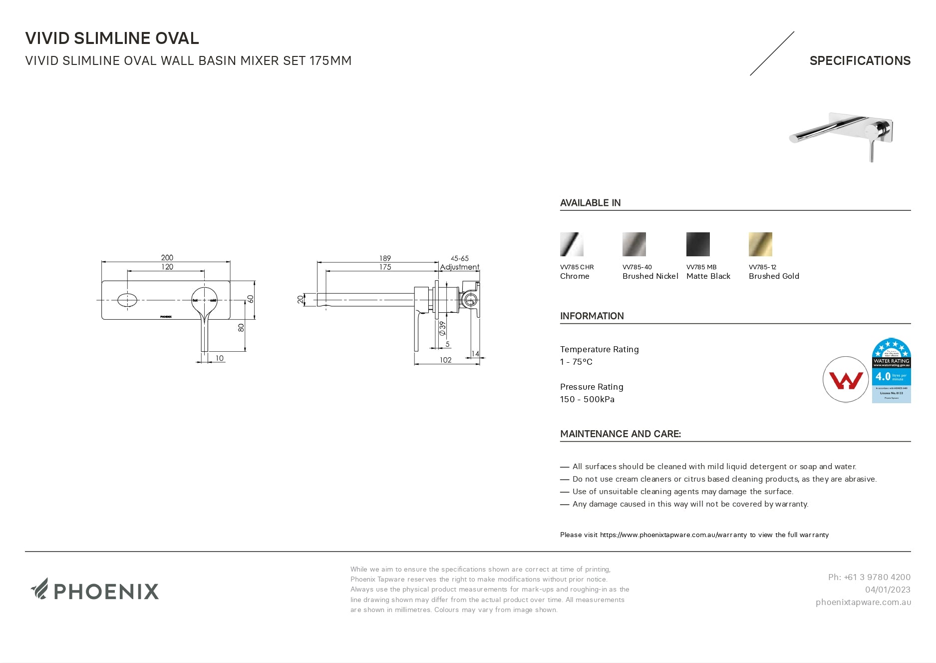 PHOENIX VIVID SLIMLINE OVAL WALL BASIN MIXER SET 175MM MATTE BLACK
