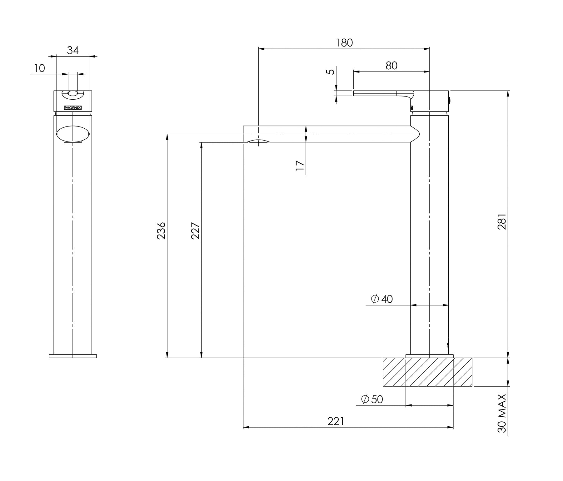 PHOENIX VIVID SLIMLINE OVAL VESSEL MIXER 281MM CHROME