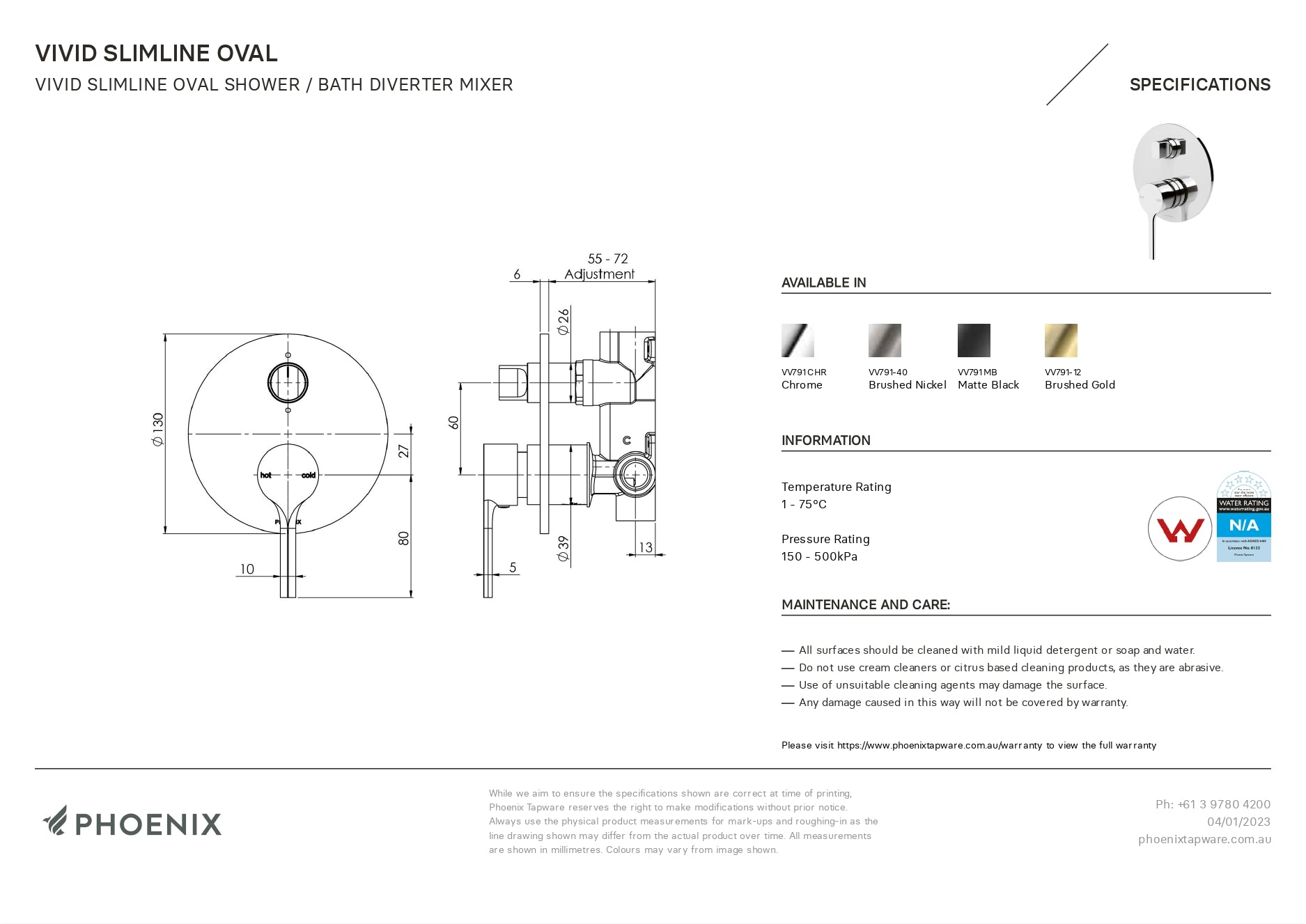 PHOENIX VIVID SLIMLINE OVAL SHOWER / BATH DIVERTER MIXER MATTE BLACK