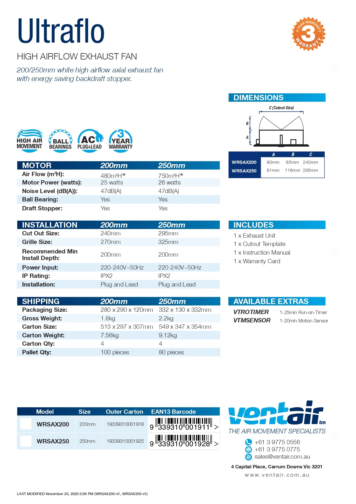 VENTAIR ULTRAFLO HIGH AIR EXTRACTION AXIAL EXHAUST FAN WHITE (AVAILABLE IN 200MM AND 250MM)