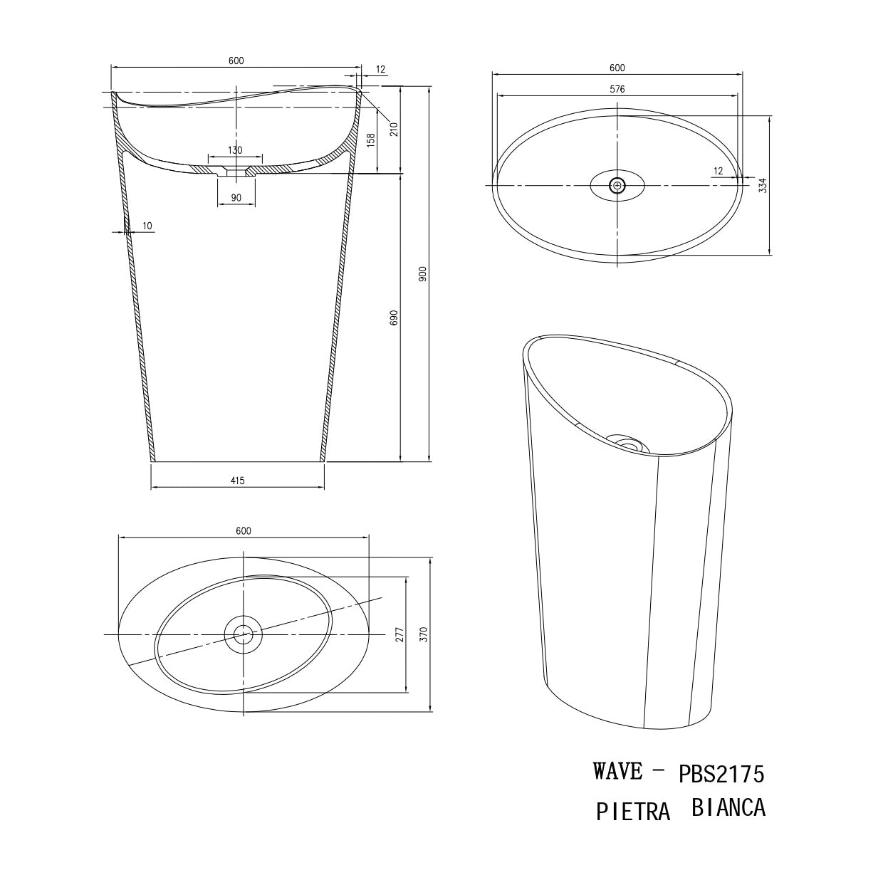 PIETRA BIANCA WAVE FREESTANDING STONE BASIN WITH CUSTOM COLOURS 600MM