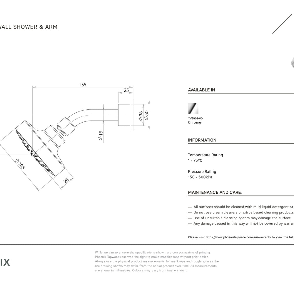 PHOENIX IVY 3 FUNCTION WALL SHOWER AND ARM 100MM CHROME