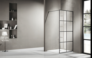 COVEY FRAMED 8 PRINTED GRILLS WALK IN SINGLE PANEL WITH SUPPORT BAR SHOWER SCREEN MATTE BLACK