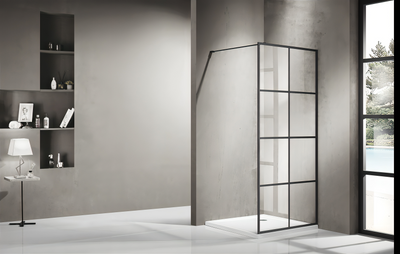 COVEY FRAMED 8 PRINTED GRILLS WALK IN SINGLE PANEL WITH SUPPORT BAR SHOWER SCREEN MATTE BLACK